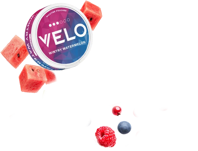 a can of VELO Wintry Watermelon and fruits