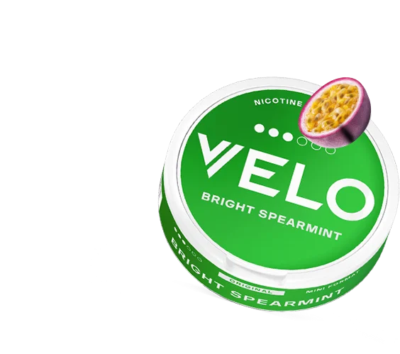 a can of VELO Bright Spearmint and some passion fruit