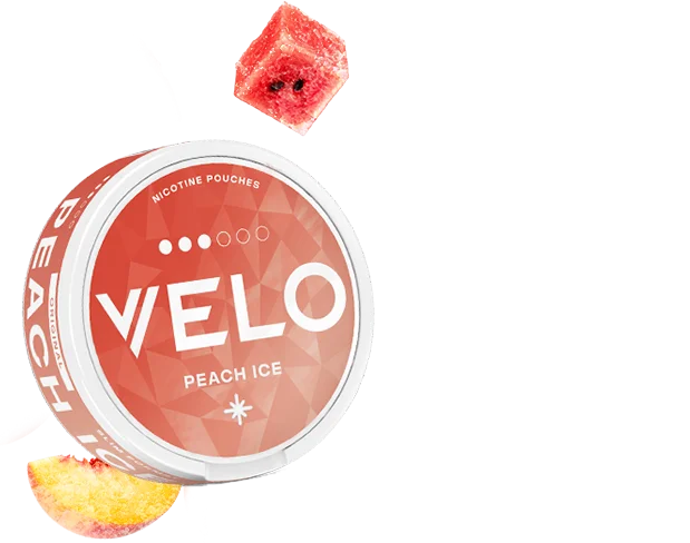 a can of VELO Peach Ice and fruits