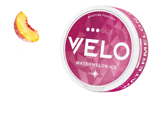 a can of VELO Watermelon Ice and a slice of peach